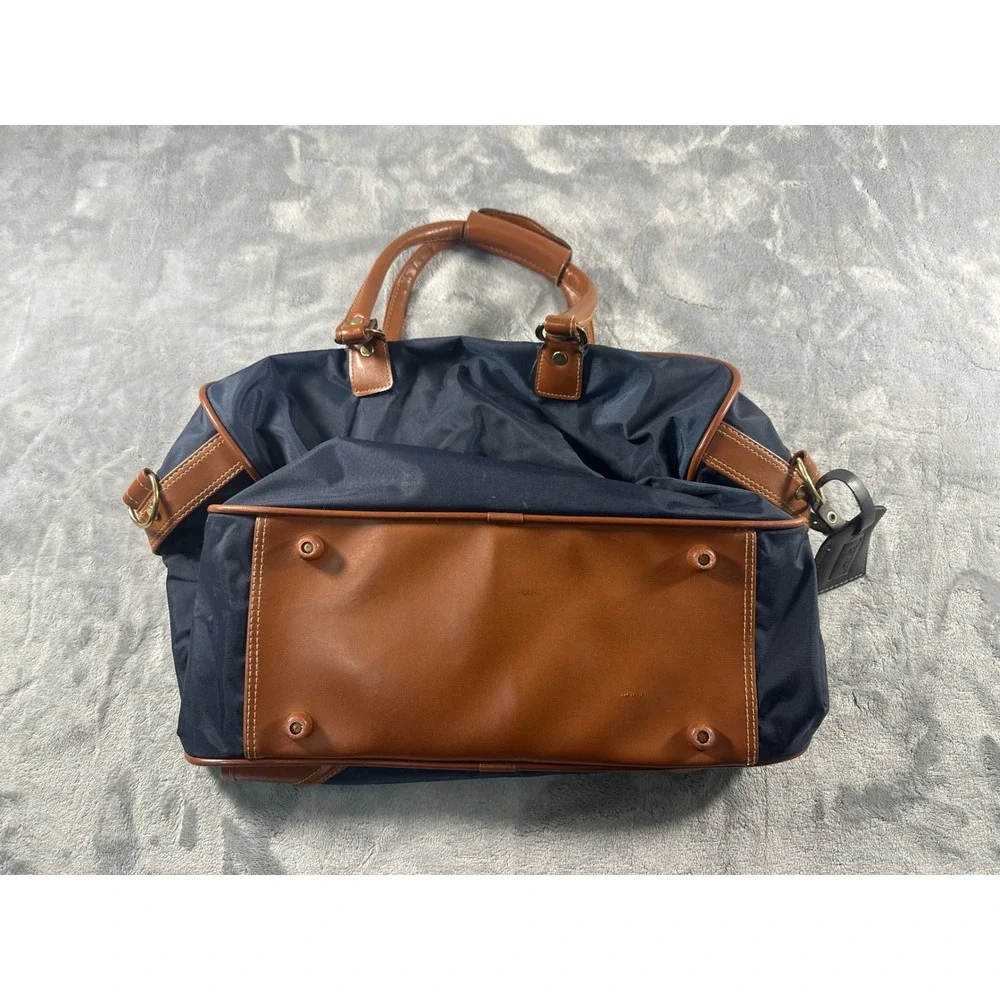 Jaguar Navy Blue Nylon Duffel Bag Brown Trim Weekender Travel Carry On Luggage